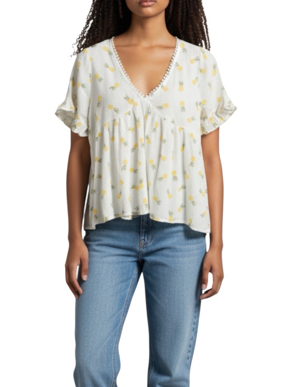 Altar’d State Pineapple Print Babydoll Swing V Neck Relaxed Blouse